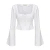 Nuaje Nuaje Women's White Lea Square Neck Flared Sleeve Top In Bamboo-linen In White