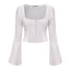 Nuaje Nuaje Women's White Lea Square Neck Flared Sleeve Top In Pinstripe Cotton In White