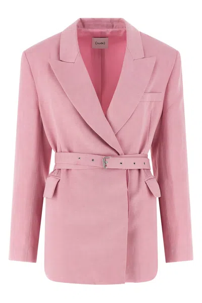 Nude Belt Double-breasted Peak-lapel Linen Blazer In Pink