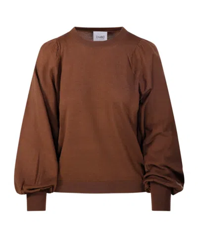 Nude Puff-sleeve Crew-neck Sweater In Brown
