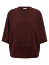 Nude Cropped Wool Sweater With Crew Neck And Asymmetrical Hem In Brown