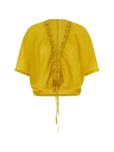 Nude Gathered V-neck Blouse In Yellow