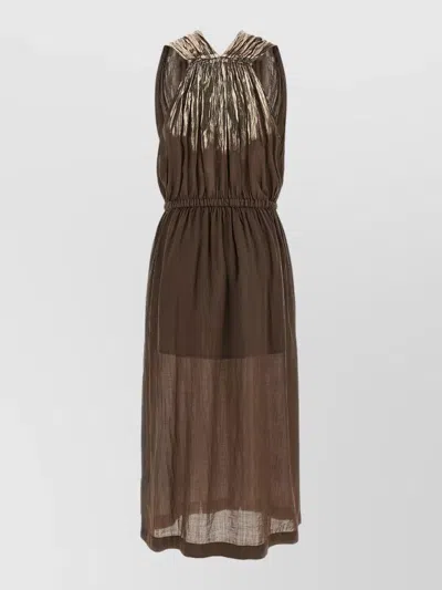 Nude Linen Midi Dress Sleeveless Sheer Waistband In Brown