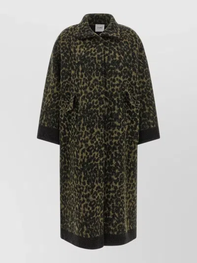 Nude Long Animal Pattern Coat Ribbed Cuffs Pockets In Animal Print