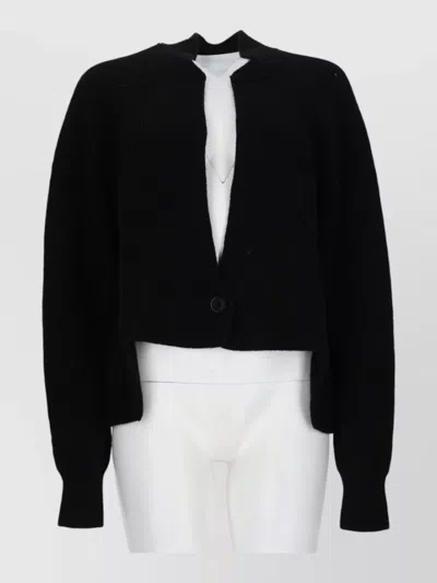 Nude Mini-length Ribbed Knit Cardigan With Puffed Sleeves In Black