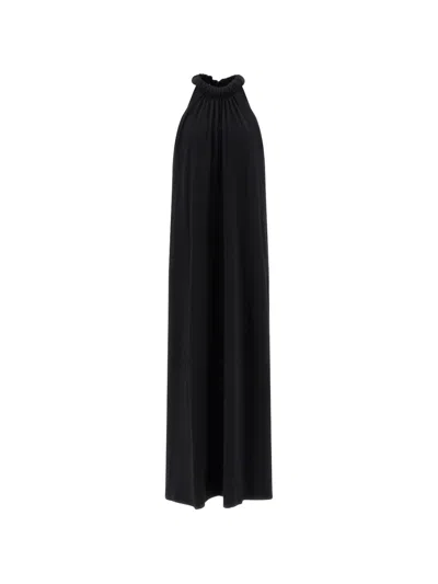 Nude Bow Detail Floor Length Halter Dress In Black