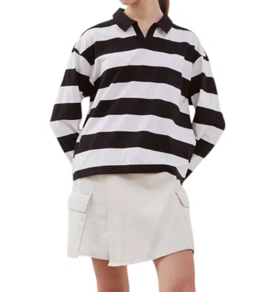 Nude Polo Neck Long Sleeve Striped Knit Top In Off White/ Black
