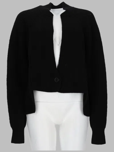 Nude Mini-length Ribbed Knit Cardigan With Puffed Sleeves In Black