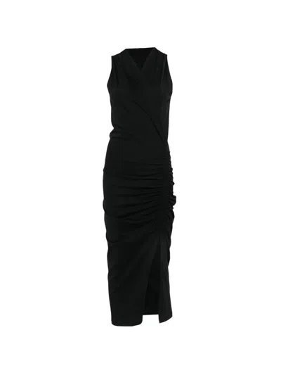 Nude Ruched-side V-neck Midi Dress In Black
