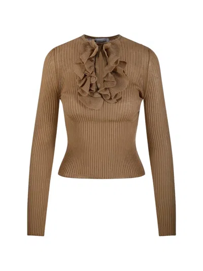 Nude Ruffled Ribbed Blouse In Multi
