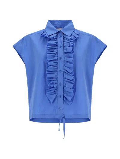 Nude Cropped Cotton Vertical Ruffle Shirt In Blue