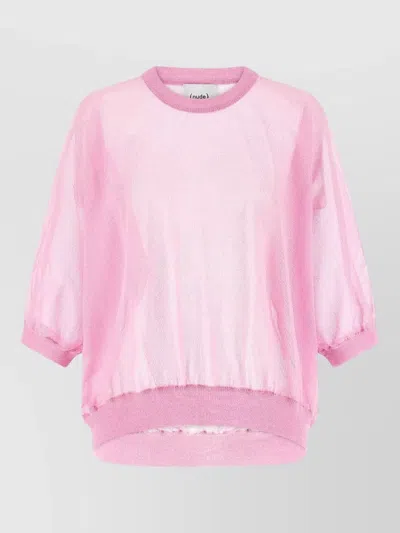 Nude Semi Sheer Cotton Crew Neck Sweater In Pink