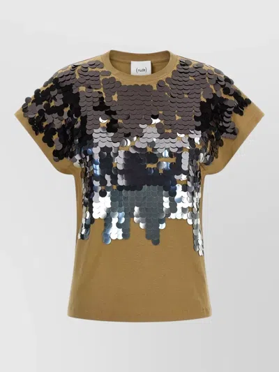 Nude Sequin Detail T Shirt Round Neck Back Slit In Brown