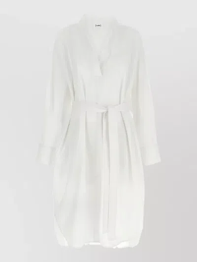 Nude Shirt Dress Belted Waist Buttoned Cuffs In White