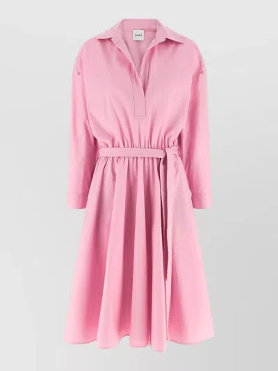 Nude Shirt Dress Belted Waist Buttoned Pleated Skirt In Pink