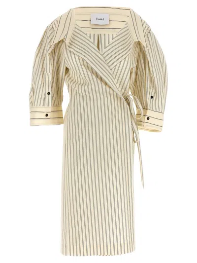 Nude Striped Shirt Dress In White/black
