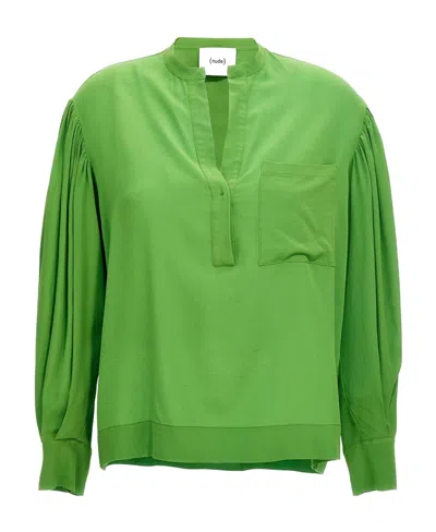 Nude V-collar Long-sleeved Shirt In Green