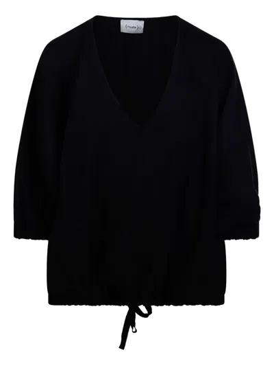 Nude V-neck Balloon-sleeve Top In Black