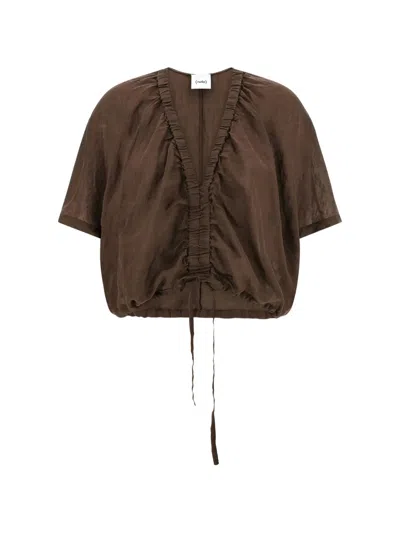Nude V-neck Drawstring Blouse In Brown