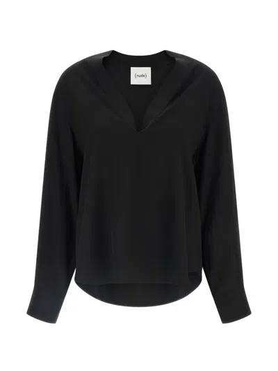 Nude V-neck Long-sleeve Blouse In Black