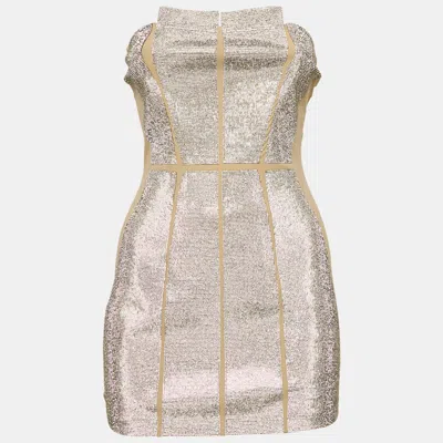Pre-owned Nué Beige Rhinestone Embellished Jersey Strapless Mini Dress S In Sand