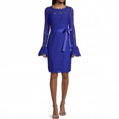 Nue By Shani Bell Sleeve Lace Sheath Dress In Blue