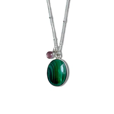 Nueva Luxe Women's Rich Green Malachite & Pink Sapphire Adjustable Silver Necklace