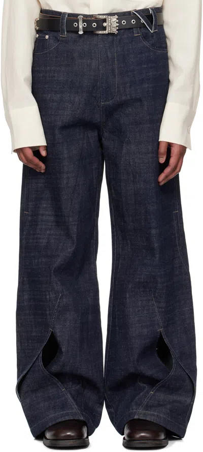 Nullus Blue Intertwined Structure Selvedge Jeans In Navy