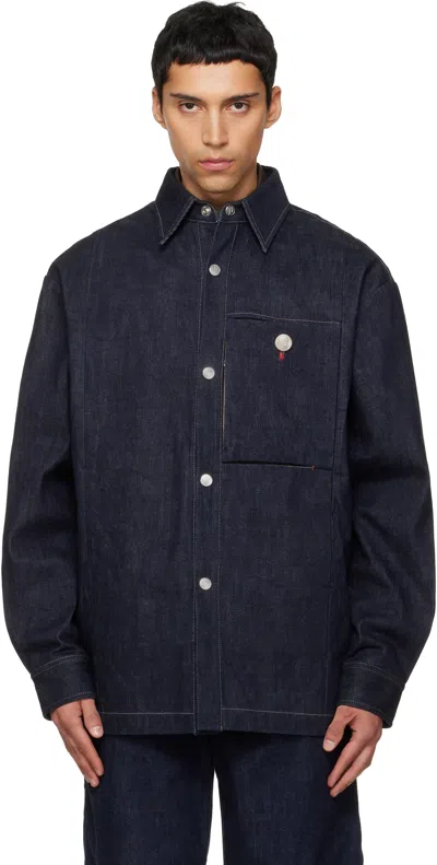 Nullus Navy Slits Selvedge Denim Jacket In Blue