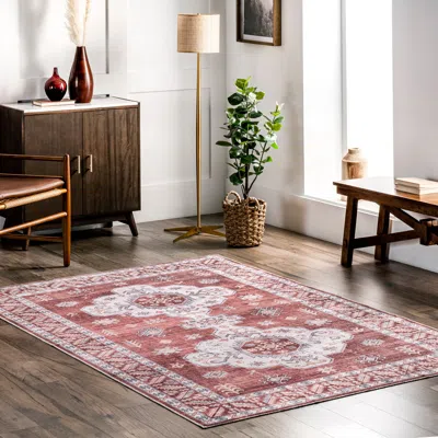 Nuloom Norma Machine Washable Traditional Medallion Area Rug In Burgundy