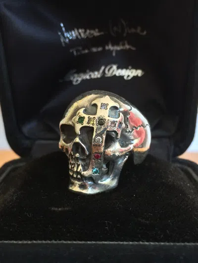 Pre-owned Number N Ine Ss05 "nightcrawler" Bejeweled Silver Skull Ring W/ Box