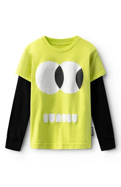 Nununu Kids' Side Eye Layered Cotton Graphic T-shirt In Hot Lime