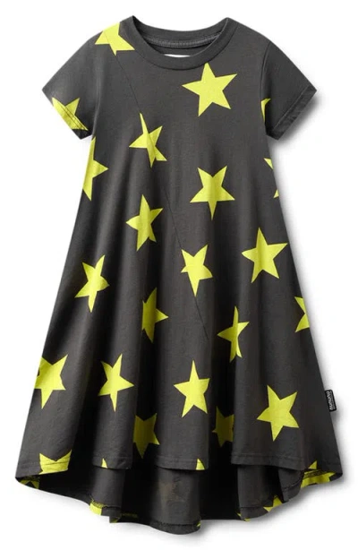Nununu Kids' Star Print Cotton Swing Dress In Graphite Lime