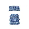 Nur Karaata Blue Helianthus Bleu Blanc Top & Skirt Set In Blue