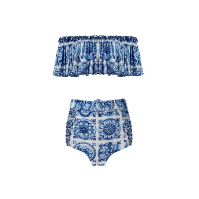 Nur Karaata Women's Blue Helianthus Bleu Blanc Bikini Set