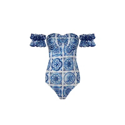 Nur Karaata Women's Blue Marigold Bleu Blanc Swimsuit