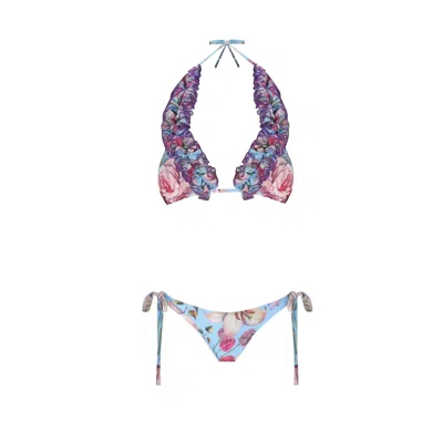 Nur Karaata Women's Blue Triangle Blu Ruffle Bikini Set