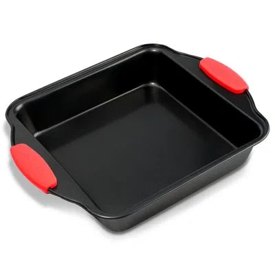 Nutrichef 10” Non Stick Cake Square Pan, Deluxe Gray Carbon Steel Pan With Red Silicone Handles, For Cooking & In Black;pink