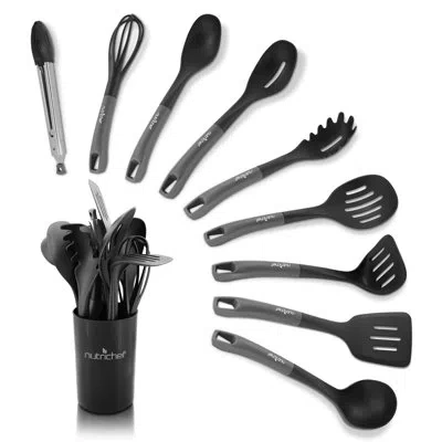 Nutrichef 10 Pcs. Silicone Heat Resistant Kitchen Cooking Utensils Set - Non-stick Baking Tools With Pp Holder In Gray