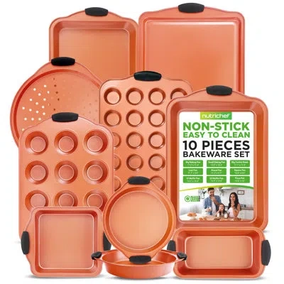 Nutrichef 10-piece Nonstick Baking Pan Set – Durable Carbon Steel Bakeware With Silicone Handles – Bakeware Se In Copper