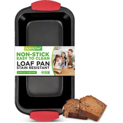 Nutrichef 11” Non Stick Loaf Baking Pan, Deluxe Gray Carbon Steel Pan With Red Silicone Handles, For Cooking & In Black;pink