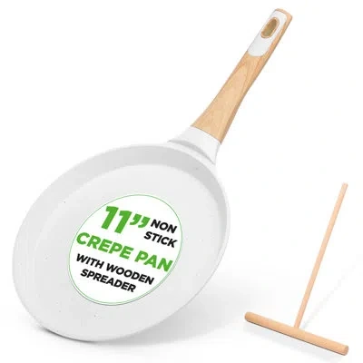 Nutrichef 11” Non-stick Crepe Pan With Wooden Spreader, Durable Marble Coated Dosa Pan, Bakelite And Wood Hand In Cream