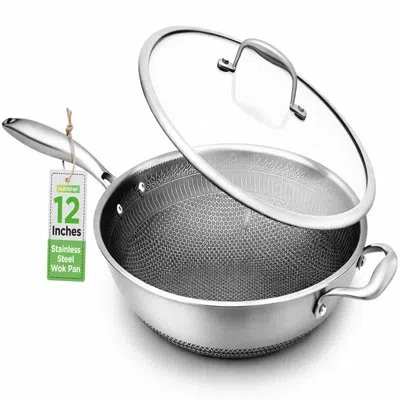 Nutrichef 12" Stainless Steel Durable Wok - Triply Kitchenware Wok With Glass Lid, Side Handle - Dakin Etching In Silver