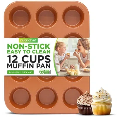 Nutrichef 12-cup Oven Muffin Pan, Non-stick Coated Layer Surface, Even Heating Muffin Tray For Muffins, Cupcak In Brown