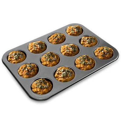 Nutrichef 13” 12 Cup Muffin Non Stick Baking Pan, Deluxe Gray Carbon Steel Bake Pan, Commercial Grade Restaura In Silver
