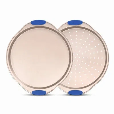 Nutrichef 13-inch Non-stick Pizza Tray With Silicone Handle - Perforated Round Steel Pan, Dishwasher Safe - 2  In Gold