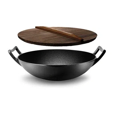 Nutrichef 14'' Non-stick Cast Iron Wok With Lid In Black