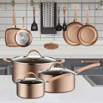 Nutrichef 14 Pieces Aluminum Non Stick Cookware Set In Brown