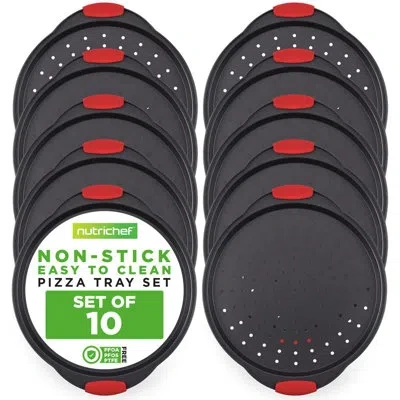 Nutrichef 14.8'' 10 Pcs. Non-stick Pizza Tray With Silicone Handle For Easy Handling And Perforated Holes, Dur In Black