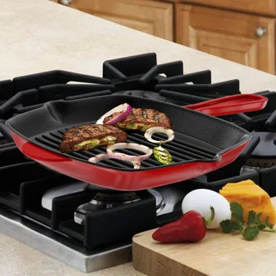 Nutrichef 17 In. Cast Iron Non-stick Grill Pan In Red